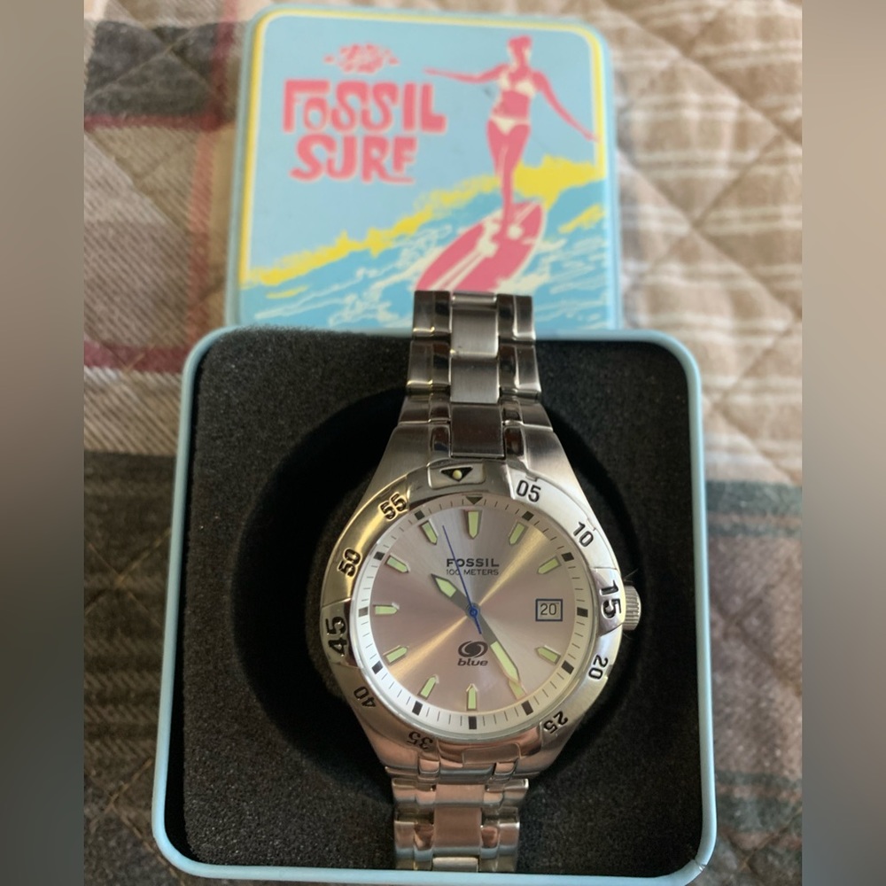 Fossil Blue Watch Men 40mm Silver Tone Date 100M AM-3721